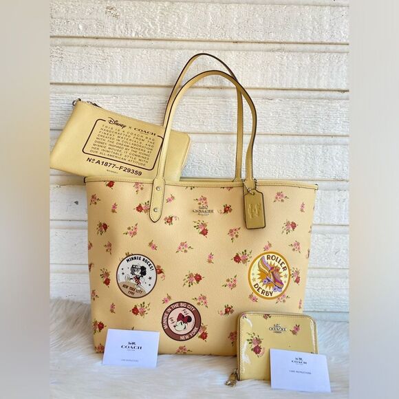 Coach Handbags - NWT | COACH Disney Mickey Floral Reversible Tote + Pouch + Wallet Ava City Metro